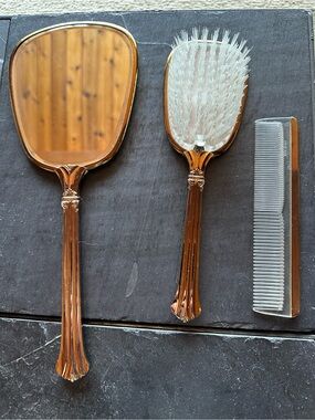 Vintage 3 Piece Gold Tone Vanity Set - Hollywood Regency Mirror, Brush & Comb
